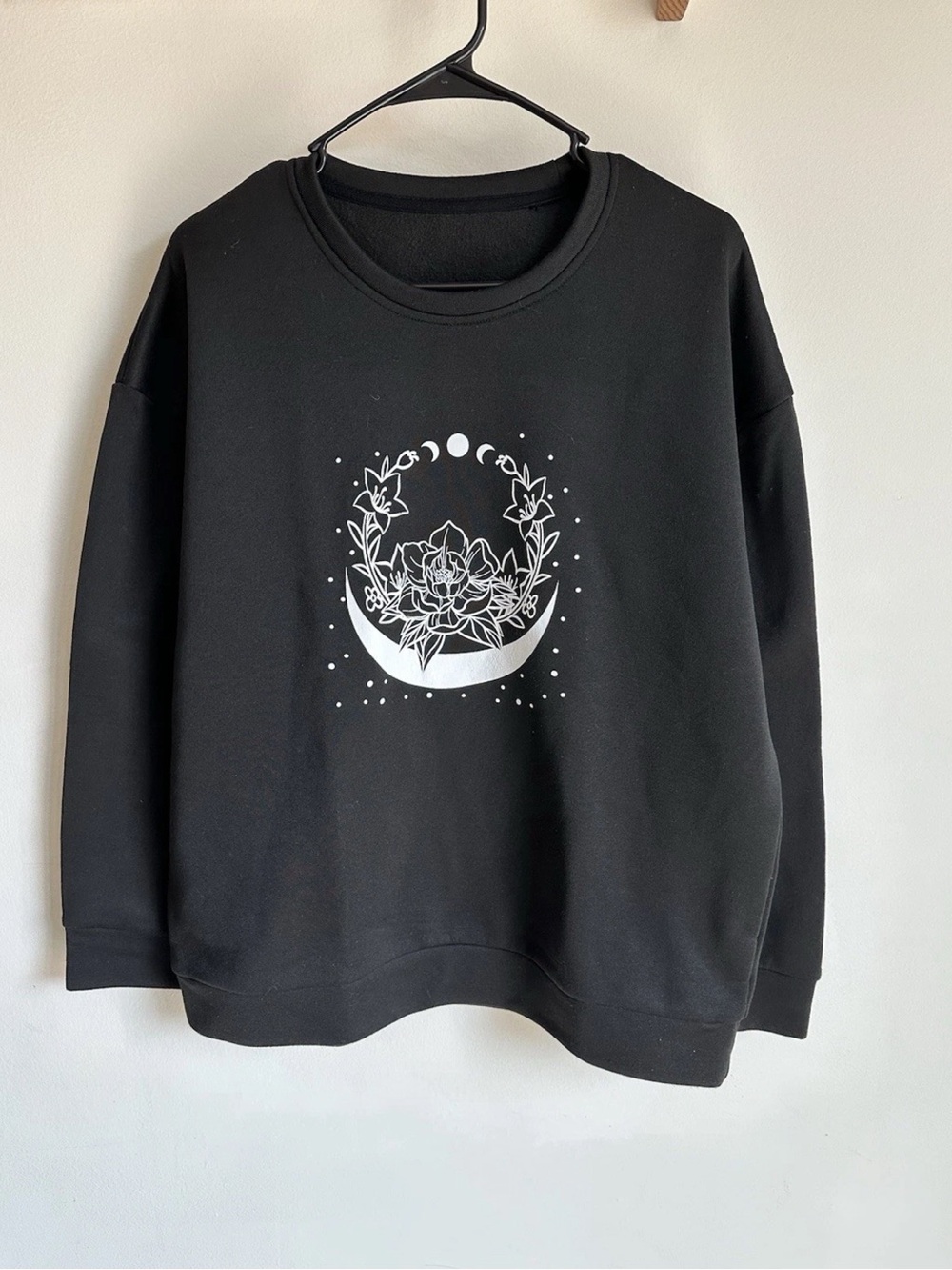 SHEIN XL Women’s Black Crewneck Sweater with White Floral Moon Graphic